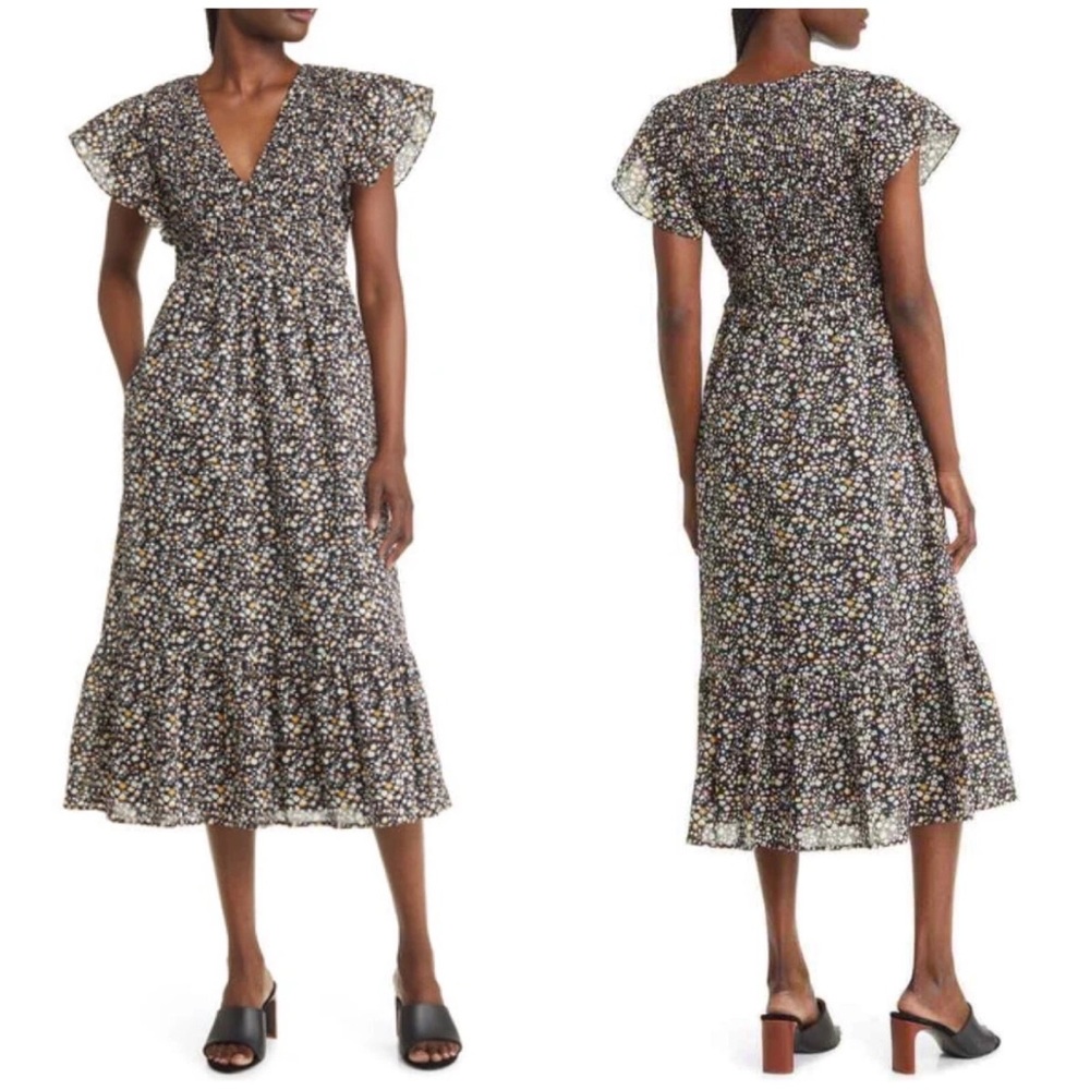Rails Clementine Smocked Black Floral Midi Dress Women Size Small Cap Sleeve NEW